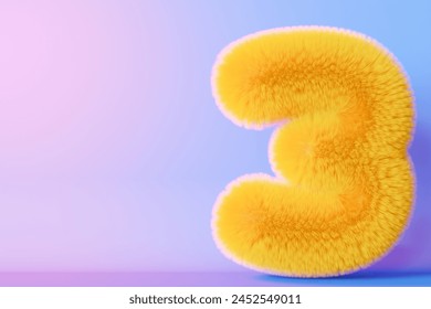 Playful, fluffy number three on gradient background. Yellow symbol 3. Invitation for a third birthday party, or any kids event celebrating a 3rd milestone. Vibrant, neon colors. Copy. 3D Illustration - Powered by Shutterstock