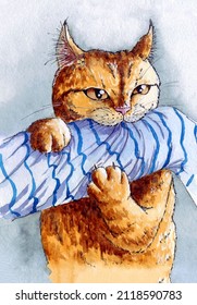 Playful Ginger Cat Gnawing A Towel Rolled Into A Roll, Watercolor Illustration Of Animals Close-up.