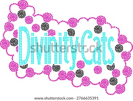 A playful logo featuring the words 'divinity cats' surrounded by colorful polka