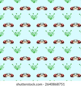 A playful pattern of cartoon ladybugs in affectionate pairs and individual green plants, creating a sweet and whimsical nature-themed design on a light blue background.