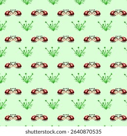 A playful pattern of cartoon ladybugs in affectionate pairs and individual green plants, creating a sweet and whimsical nature-themed design on a light green background.