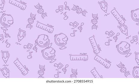 A playful pattern featuring cartoon faces, musical notes, and keyboards, creating a fun and engaging design suitable for various creative projects.