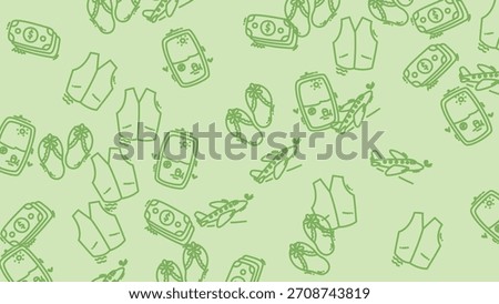 A playful pattern featuring summer essentials like flip-flops, sunscreen, and sunglasses, perfect for backgrounds or designs with a summery vibe.