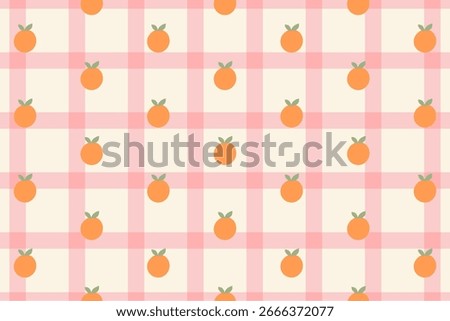 Playful seamless orange fruit pattern on a pastel pink plaid background
