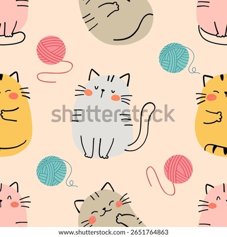 Playful seamless pattern featuring adorable cartoon cats in beige, grey, yellow, and pink, with red and teal yarn balls on a soft peach pastel background. Perfect for kids and pet-themed designs.
