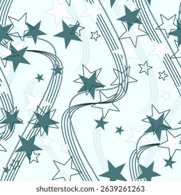 A playful seamless pattern featuring an array of stars and flowing swirl lines, creating a whimsical and dreamy background perfect for celebrations and children's designs.