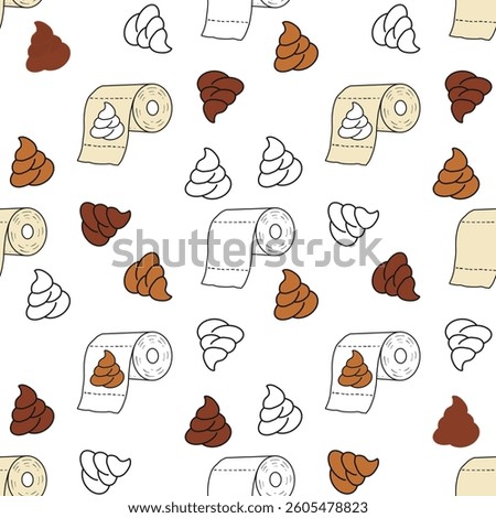Playful seamless pattern featuring cartoon poop icons and toilet paper rolls on a white background. Fun and humorous design ideal for novelty prints, gag gifts, and kids' products