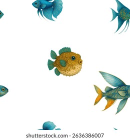 Playful seamless pattern featuring a cheerful yellow pufferfish surrounded by elegant tropical fish in blue and turquoise watercolor tones.