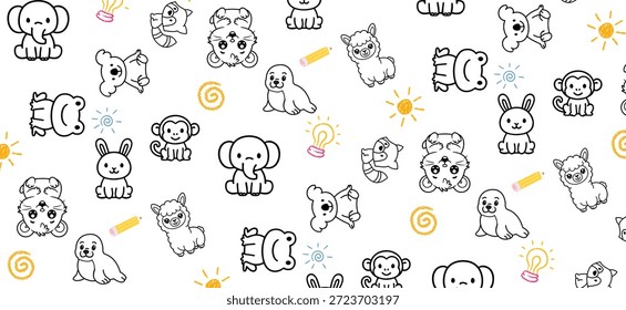 A playful seamless pattern featuring cute outlined animals—elephants, rabbits, bears, and dogs—interspersed with sun symbols, pencils, and spirals. Ideal for children’s textiles, wallpaper, stationery, and creative projects.