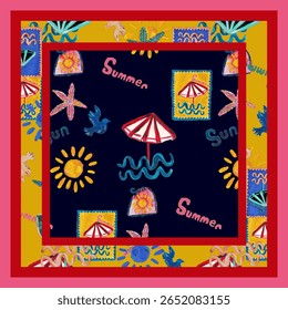 Playful summer-themed seamless pattern featuring hand-drawn beach umbrellas, suns, waves, birds, and starfish with vibrant colors and a childlike illustration style. Perfect for kids’ fashion, beach