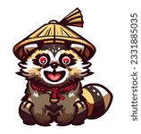 A playful tanuki (racoon dog) with a traditional Japanese hat and a mischievous expression