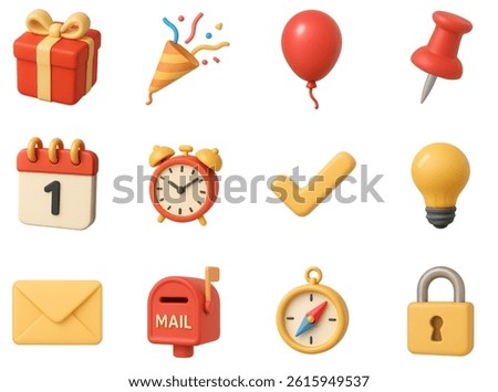 A playful and versatile 3D icon set featuring essential productivity and communication symbols, including a calendar, alarm clock, mail, gift box, light bulb, compass, and check mark. Designed in a so