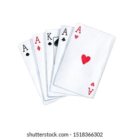 Playing Card Of Ace And King. Watercolor Illustration Isolated On White. Gambling Element For Logo, Icon, Packaging, Label Design. Symbol Of Game, Luck Winning.