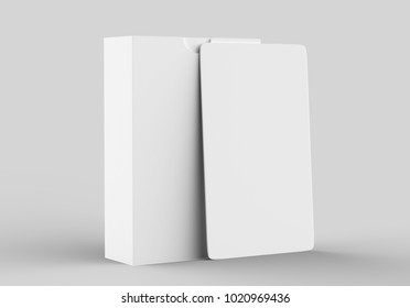 Playing card box with blank white cards on light grey background, 3d illustration.