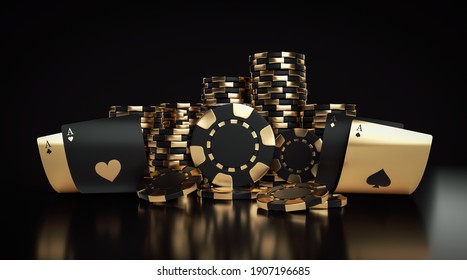 
Playing Cards And Black And Golden Casino Chips Isolated On The Black Background - 3D 