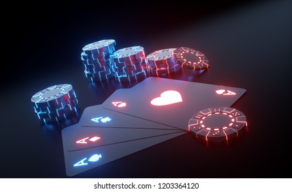 Playing Cards And Casino Chips With Futuristic Glowing Neon Lights Isolated On The Black Background - 3D Illustration - Powered by Shutterstock