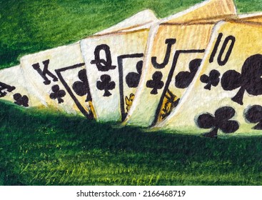 Playing Cards. Casino Game. Combination Of Ace, King, Queen, Jack. Watercolor Painting. Acrylic Drawing Art. A Piece Of Art