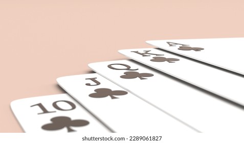 playing cards, sequence of poker cards, background for casino, poker game, sequence of clubs, 10, J, Q, K, A (3d illustration)
