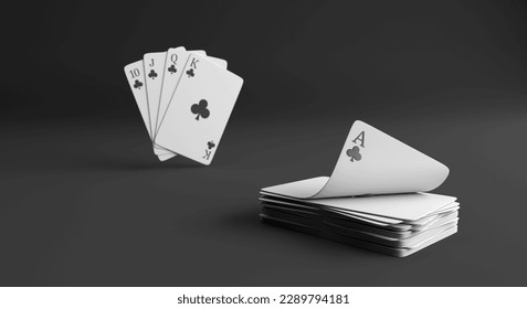 playing cards, sequence of poker cards, background for casino, poker game, sequence of clubs, 10, J, Q, K, A, suits of diamonds (3d illustration)