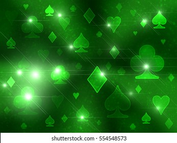 Playing cards shining symbols. Green abstract background.

