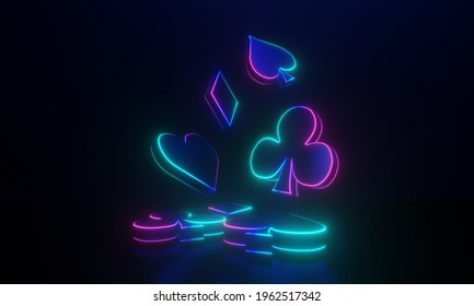Playing cards symbols with neon glow on black background, 3d illustration
