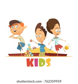 Playing children concept with baseball bricks and football symbols cartoon  illustration 