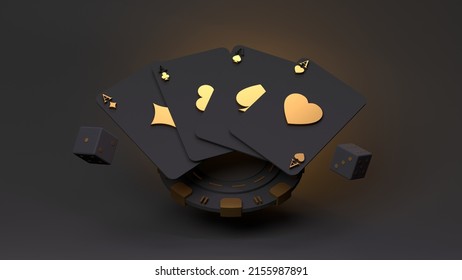 Playing chip, playing cards and black dice. Black casino elements with gold inserts. 3d rendering illustration. High quality 3d illustration