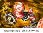 Playing chips. Casino attributes. Chips for gambling. Casino template. Dollar symbol around playing chips. Coins for poker. Casino background. Gambling industry. Wallpaper, decorations. 3d image