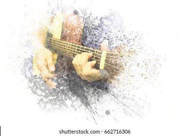 Playing Guitarist in the foreground. Close up, Watercolor paint - Powered by Shutterstock