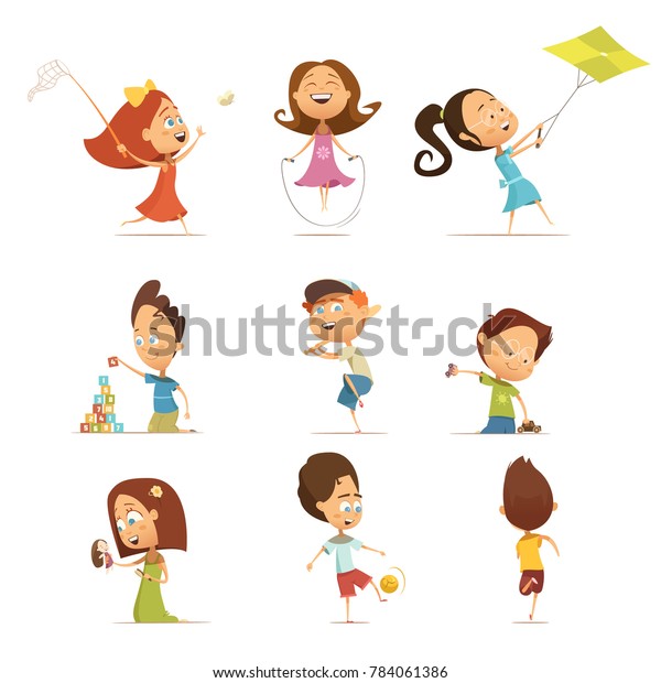 Playing kids cartoon set with kite and\
football symbols isolated  illustration\

