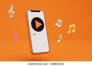 Playing Music Tracks On A Smartphone. Mobile Phone On Which The Music Track, Notes Around The Smartphone On An Orange Background. 3d Render. 3d Illustration