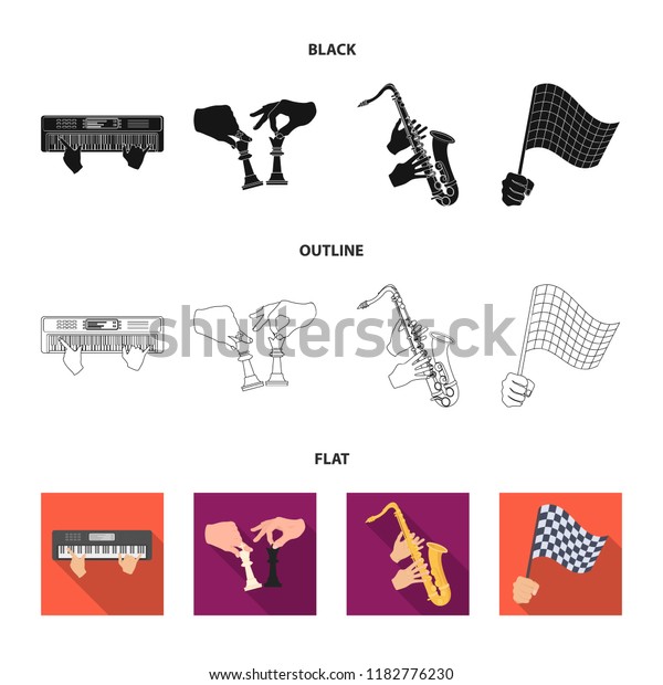 Playing on an electric musical instrument,\
manipulation with chess pieces and other web icon in\
black,flat,outline style. playing on a gold saxophone, checkered\
flag of auto racing in hand icons\
in