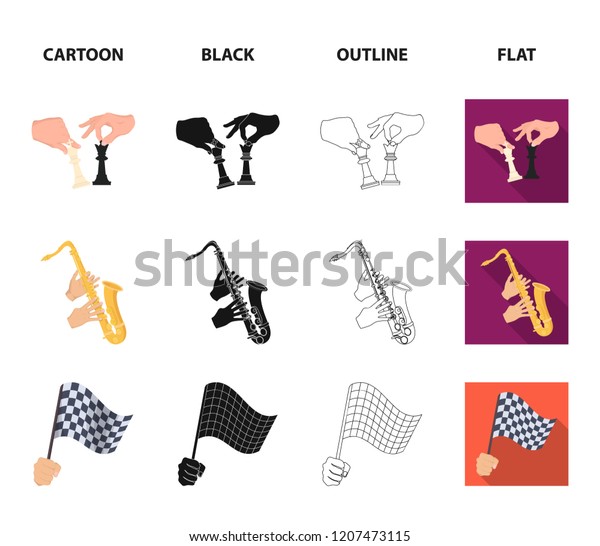 Playing on an electric musical instrument,\
manipulation with chess pieces and other web icon in\
cartoon,black,outline,flat style. playing on a gold saxophone,\
checkered flag of auto racing in\
hand