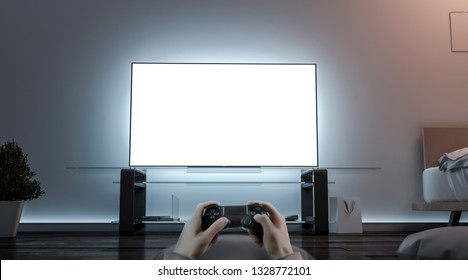 Playing Videogame With Joystick Near Blank White Tv Screen Mockup, 3d Rendering. Empty Televisor And Game Controller Mock Up. Man In Room With Joypad Template.