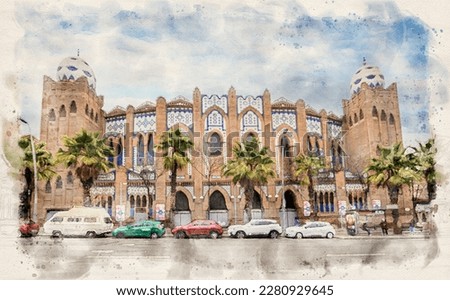 The Plaza de Toros Monumental de Barcelona, Spain in watercolor style illustration