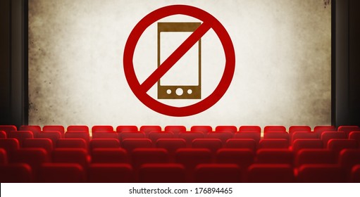 Please Turn Off Cell Phones Symbol On Movie Screen In Old Retro Cinema