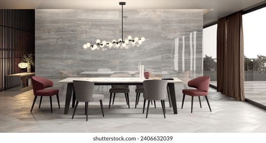 Pleasing dining area with floor and wall decor made of grey marble. There is a rack for kitchen utensils next to the opulent table, which also has candles, a plant as décor and chandelier above it. 3D