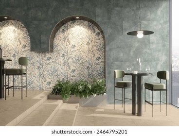 Pleasing dining area with floor and wall made of marble. There is a rack for kitchen utensils next to the opulent table, which also has candles, a plant as décor and chandelier above it. 3D Rendering