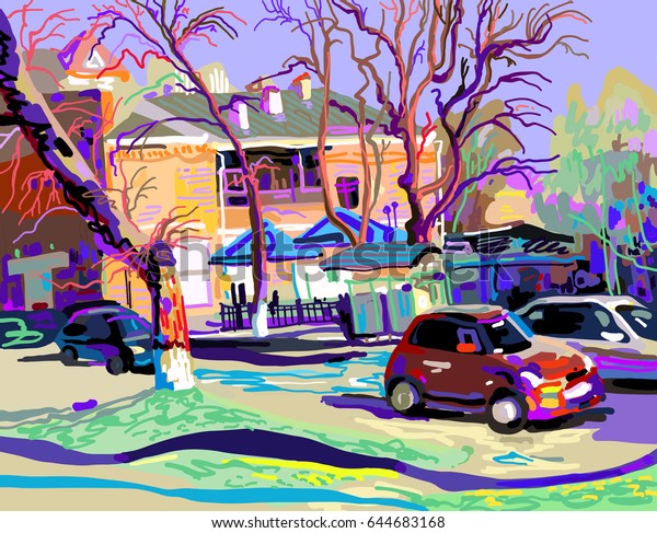 plein air digital painting of\
Kamenets-Podolskiy city in Ukraine with house, car and tree,\
contemporary art raster version\
illustration