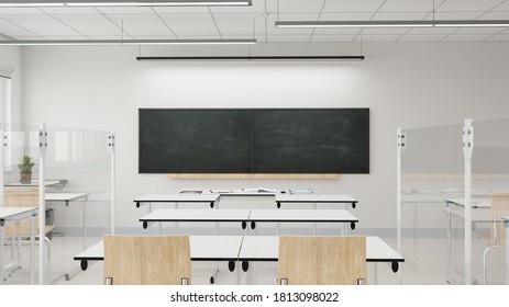 Plexiglass Partition Walls In A School Classroom Due To Covid-19 And Coronavirus (3D Rendering)