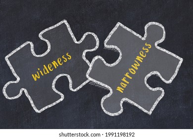 Ploblem solving. Chalk sketch of two puzzles with words wideness and narrowness on black chalkboard