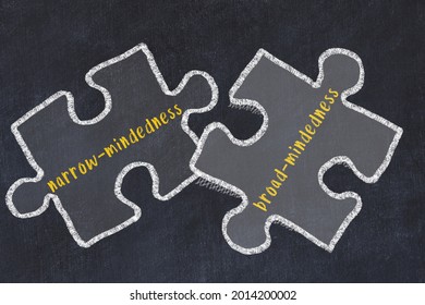 Ploblem solving. Chalk sketch of two puzzles with words narrow-mindedness and broad-mindedness on black chalkboard