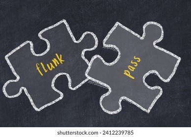 Ploblem solving. Chalk sketch of two puzzles with words flunk and pass on black chalkboard