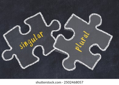 Ploblem solving. Chalk sketch of two puzzles with words singular and plural on black chalkboard