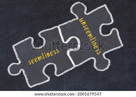 Ploblem solving. Chalk sketch of two puzzles with words seemliness and unseemliness on black chalkboard