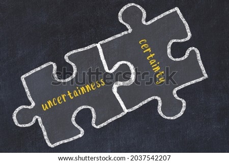 Ploblem solving. Chalk sketch of two puzzles with words uncertainness and certainty on black chalkboard