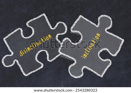 Ploblem solving. Chalk sketch of two puzzles with words disinclination and inclination on black chalkboard