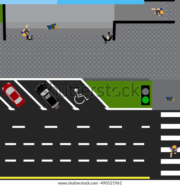 Plot road, highway,\
street, with the store. With a variety of cars in the parking lot.\
The intersection and parking cards. Top view of the highway. Raster\
illustration