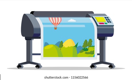 Plotter, Printer. Large Format Multifunction Printer. Polygraphy, Printshop Service. Isolated Cartoon Illustration