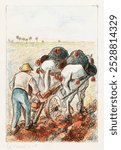 The Plow (1901) print in high resolution by Camille Pissarro. Vintage farmer plowing art drawing, old illustration, farmer art print. Vintage artwork by Camille Pissarro.